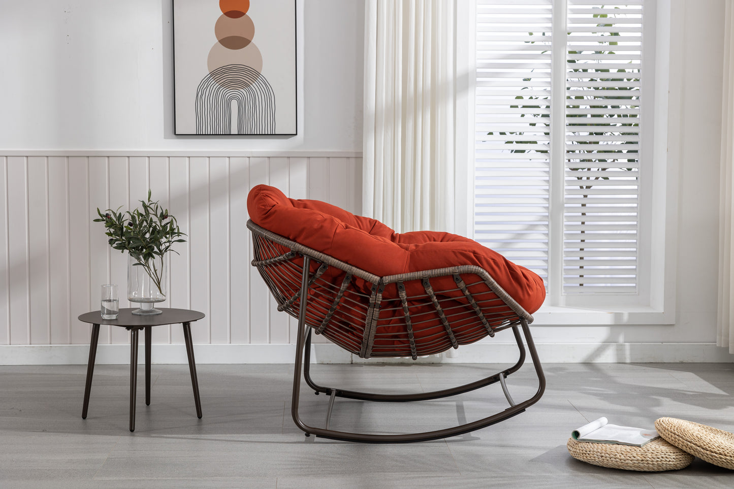 Outdoor Rattan Rocking Chair,Padded Cushion Rocker Recliner Chair Outdoor For Front Porch, Living Room, Patio, Garden, Orange