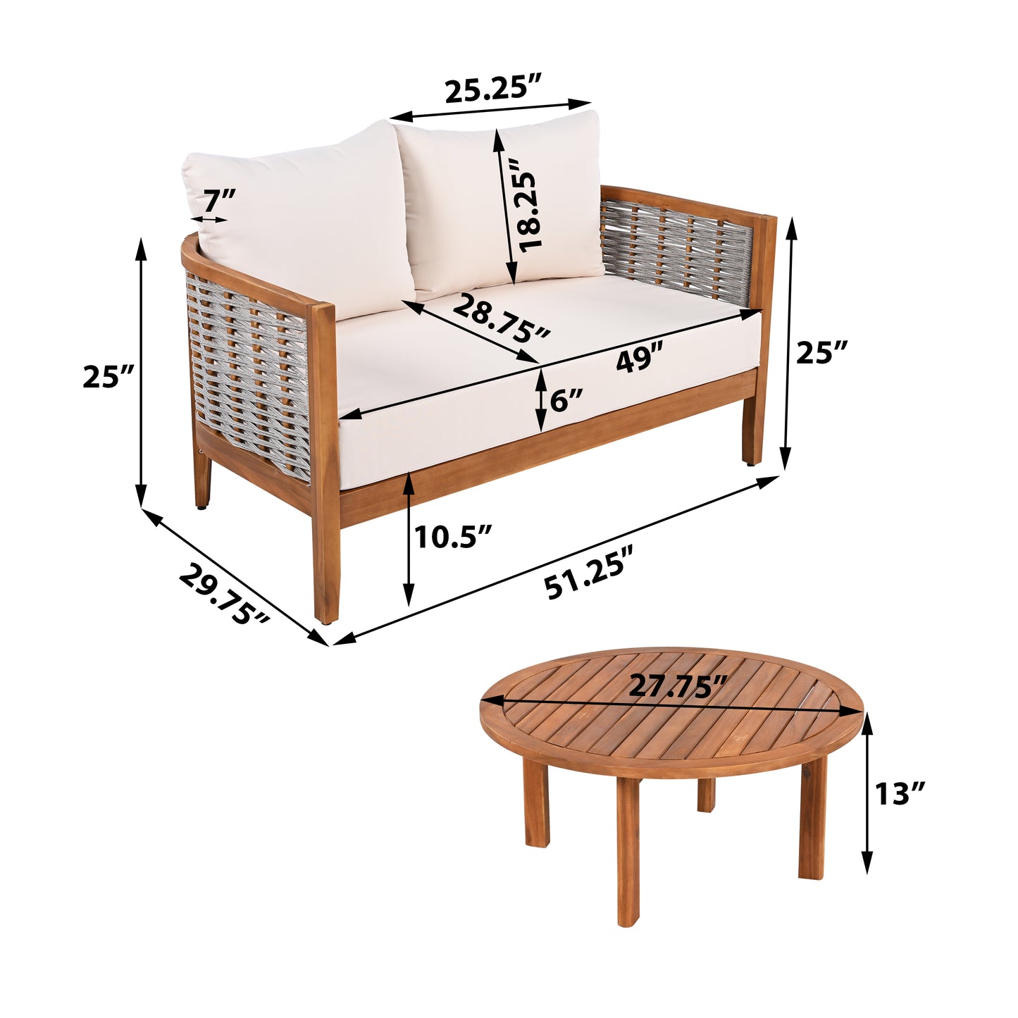 2 Pieces Acacia Wood Patio Furniture Set, Outdoor Unique Tub Design Loveseat With Woven Rope Table, Deep Seating With Soft Cushions For Porch, Garden, Backyard, Balcony, Teak Finish & Beige Cushion