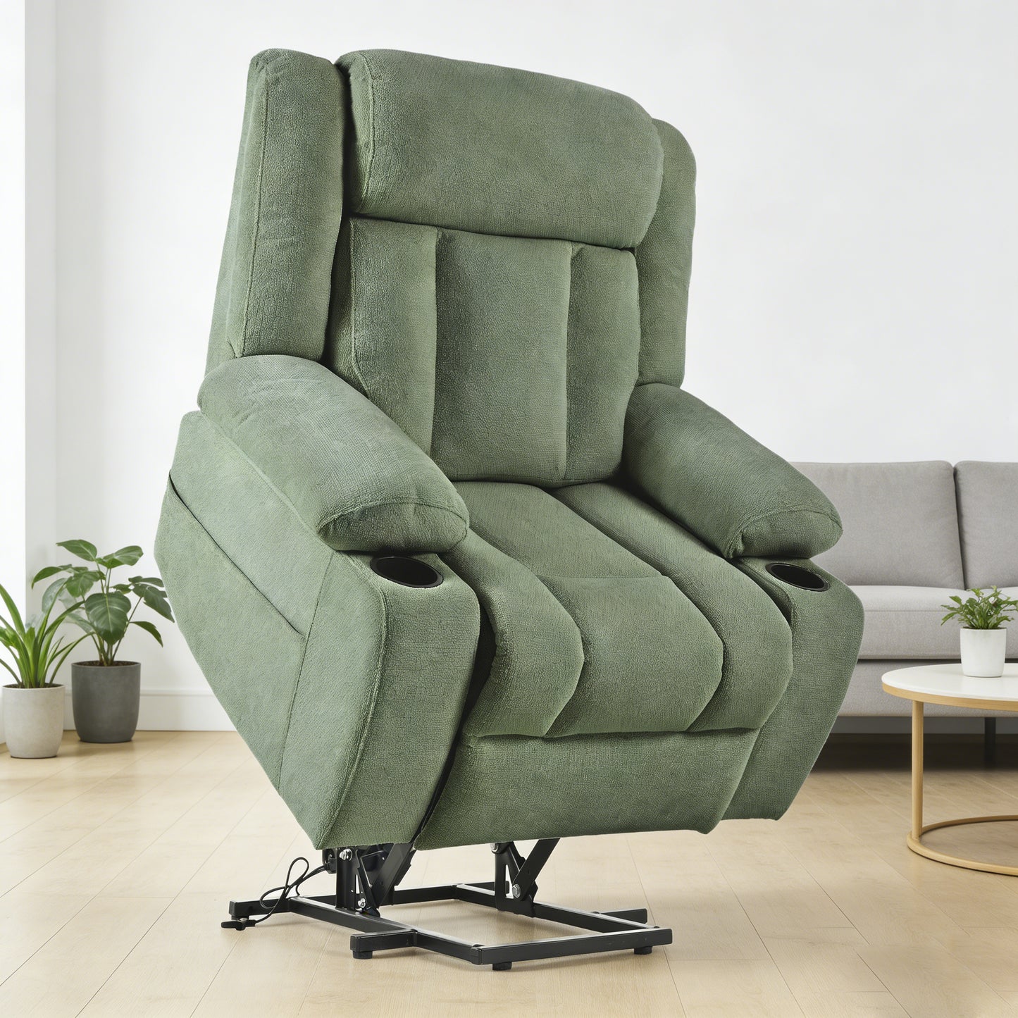 Power Lift Recliner Chair For Elderly,Fabric Lift Chairs For Living Room W Extended Footrest,Classic Single Sofa,Home Theater Seating With 2 Cup Holders,Side Pockets,Remote Control Dark Green