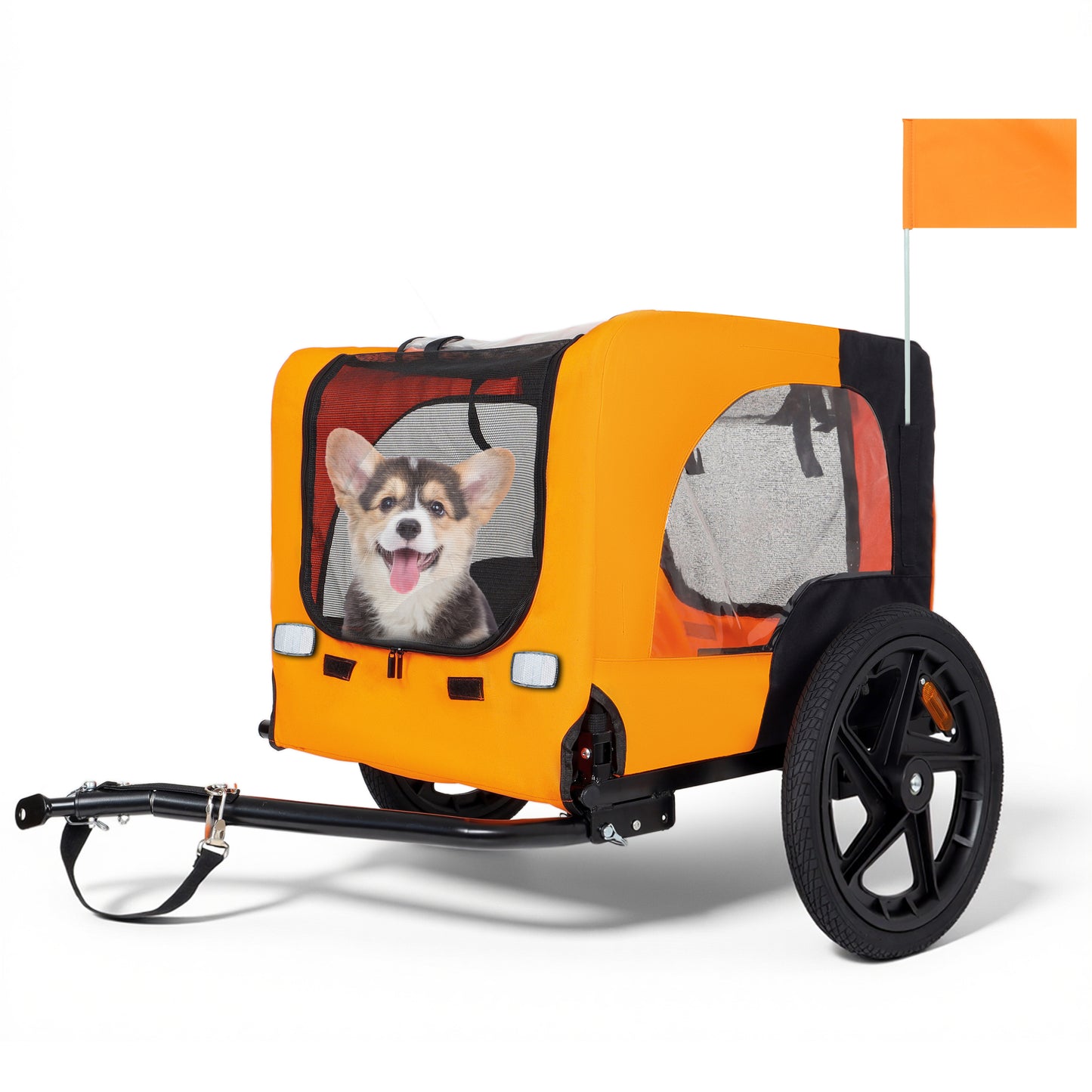 Outdoor Heavy Duty Collapsible Pet Bike Trailer With 16-Inch All-Terrain Wheels & Universal Hitch - Foldable Dog Cargo Carrier Cart For Bicycles, Black Orange