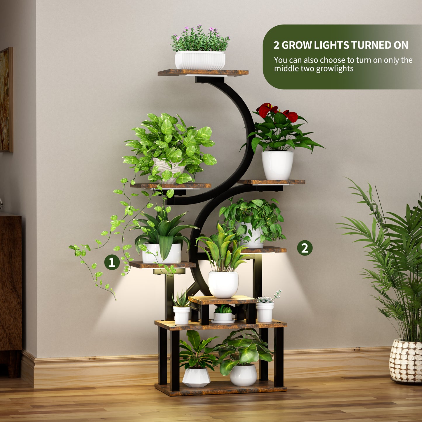 8-Tiered Indoor Plant Stand With 5 Grow Lights, 10-Level Stepless Dimming, Durable Thickened Metal Steel Pipe  0.8mm  For Living Room, Garden