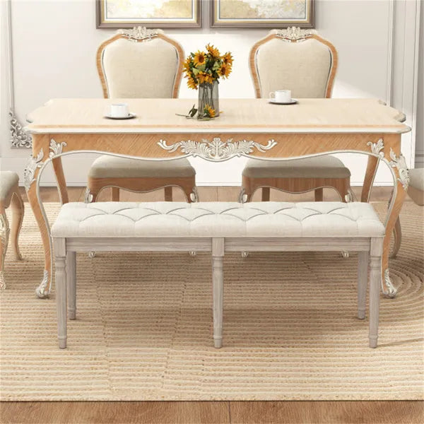 Beige 47.5" Rubber Wood Upholstered Bench With Button-Tufted Seat, 440 Lbs Capacity Retro Entryway Bedroom Bench