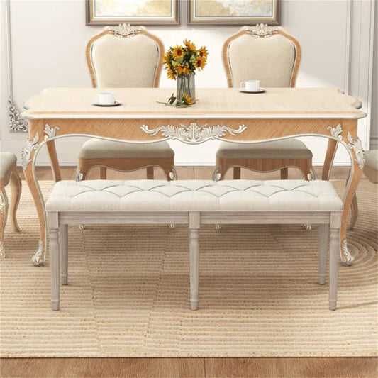 Beige 47.5" Rubber Wood Upholstered Bench With Button-Tufted Seat, 440 Lbs Capacity Retro Entryway Bedroom Bench