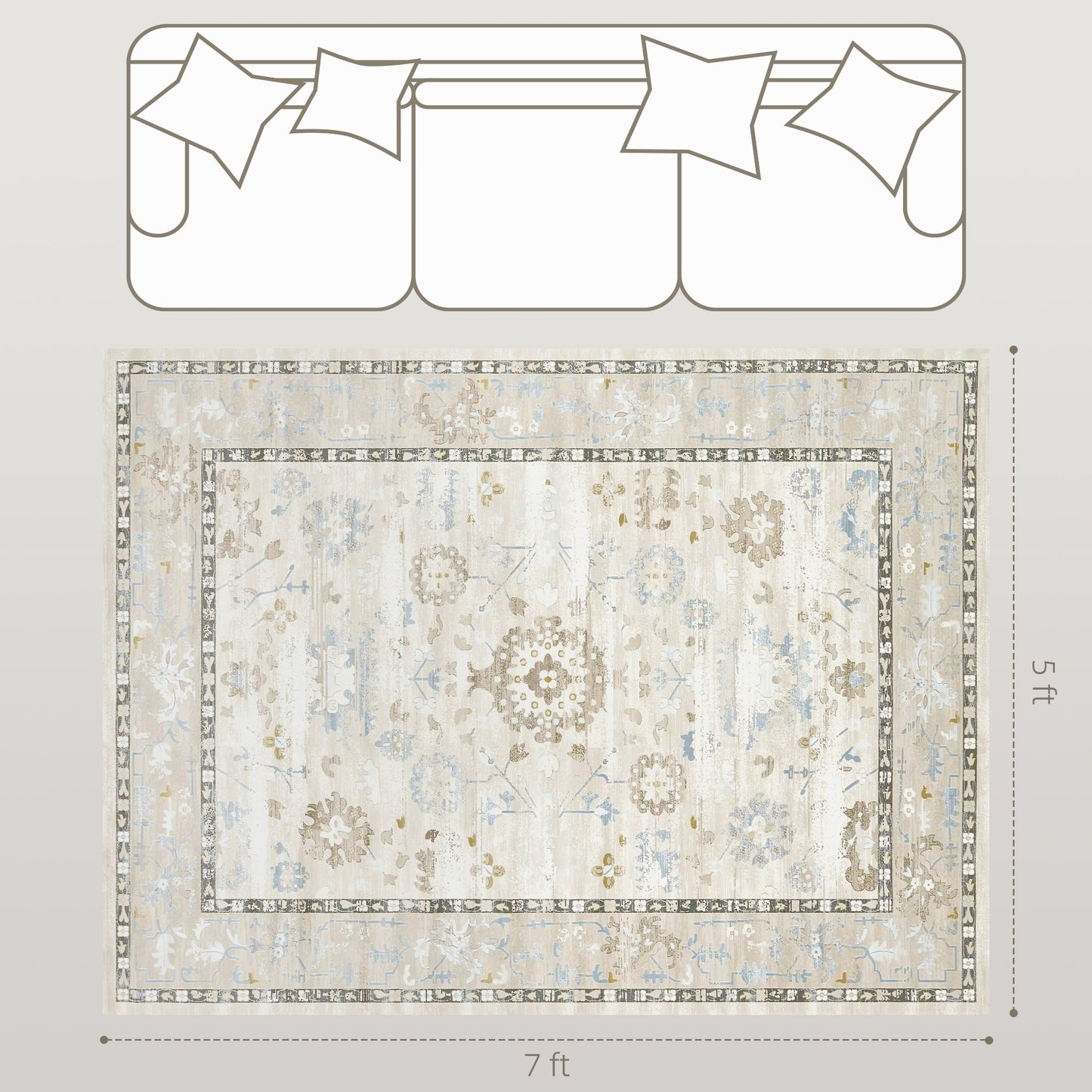 5x7 Area Rug, Indoor Boho Machine Washable Carpet For Living Room, Bedroom, Dining Room, Kitchen, Blue