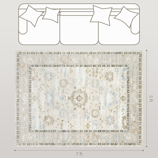 5x7 Area Rug, Indoor Boho Machine Washable Carpet For Living Room, Bedroom, Dining Room, Kitchen, Blue