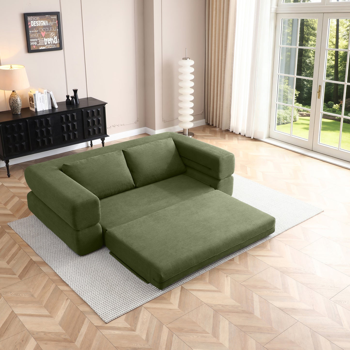 81 Convertible Sofa Bed,3 In 1 Folding Floor Couch Corduroy Fold Out Couch Bed Futon Sleeper Mattress With Pillows,Boneless Sofa Comfy Lounge Loveseat For Living Room, Bedroom, Green