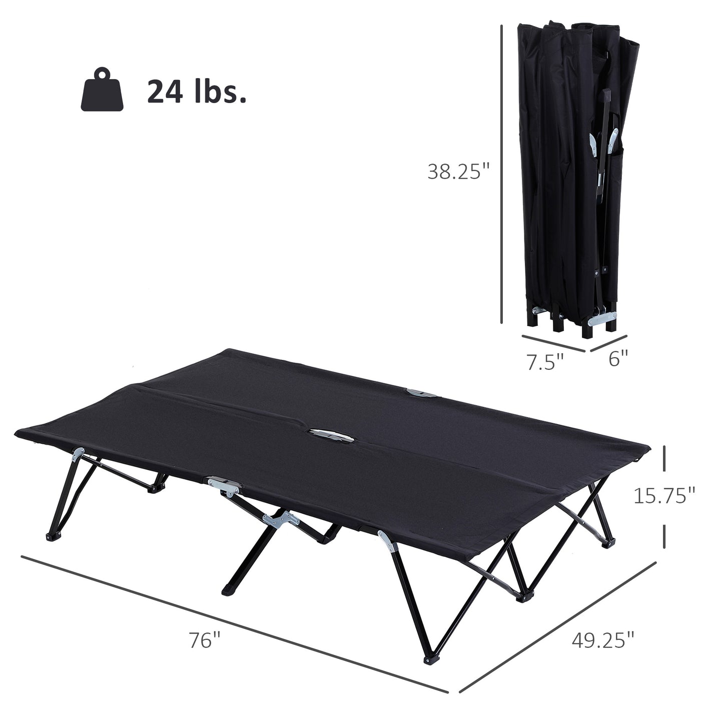 2 Person Folding Camping Cot For Adults, 50" Extra Wide Outdoor Portable Sleeping Cot With Carry Bag, Elevated Camping Bed, Beach Hiking, Black
