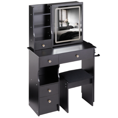 29.2 Small Size Left Drawer Desktop Vanity Table  Cushioned Stool, 2 AC2 USB Power Station, Hair Dryer Bracket, Extra Large Touch Control Sliding LED Mirror, Tri-color Switching, Brightness Adjust