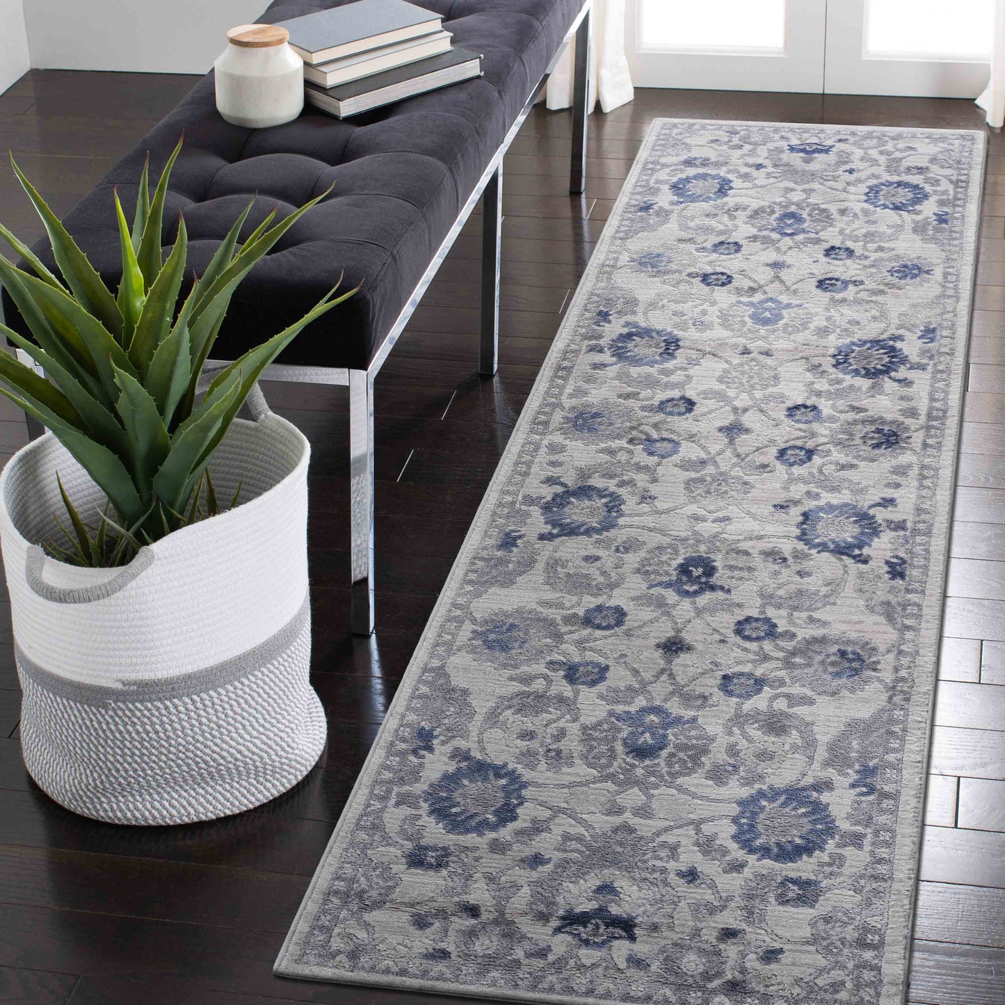 MARFI  2X8 Blue  Silver  Oriental Runner Rug