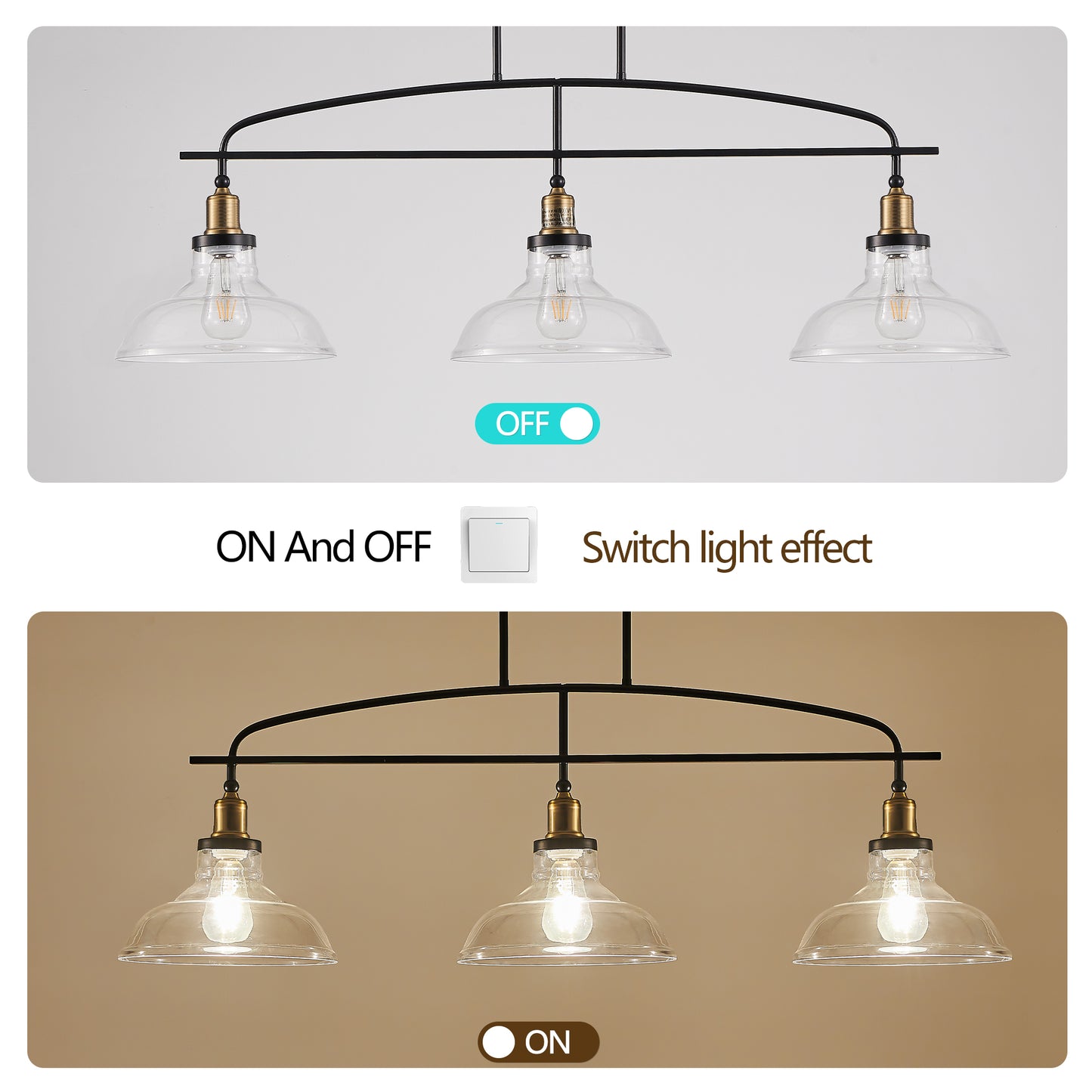 45 Industrial 3-Light Pendant Chandelier With Clear Glass Shades, Black Metal Frame, Adjustable Height, Modern Farmhouse Lighting For Kitchen Island, Dining Room, Or Living Room Bulb Not Included