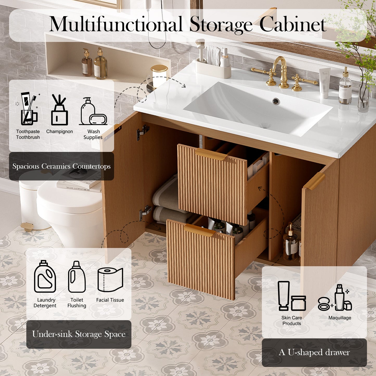 36 Inch Single Sink Bathroom Vanity With Ceramic Top, MDF Cabinet, Soft Close Doors, Divided Drawers, Wall-Mounted Modern Storage Vanity