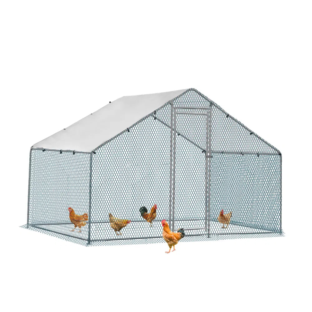 2X2X2m&6.5x6.5x6.5ft Silver Chicken Coop With Pointed Roof, 180g PE Rain Cloth, Metal Chicken And Rabbit Cage