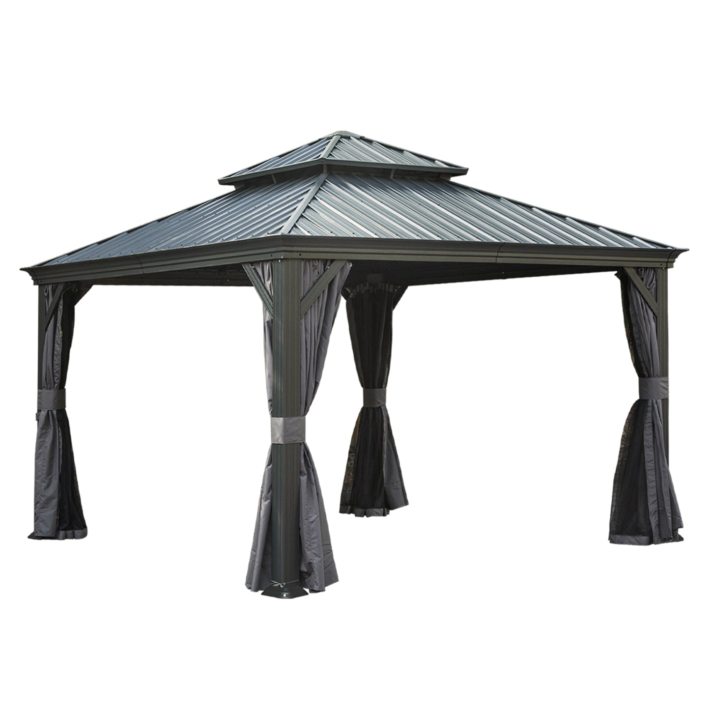 12 X12  Hardtop Gazebo Canopy,Outdoor Aluminum Gazebo With Galvanized Steel Double Roof,Permanent Gazebos With Drainage System,Curtain And Netting Included,Grey