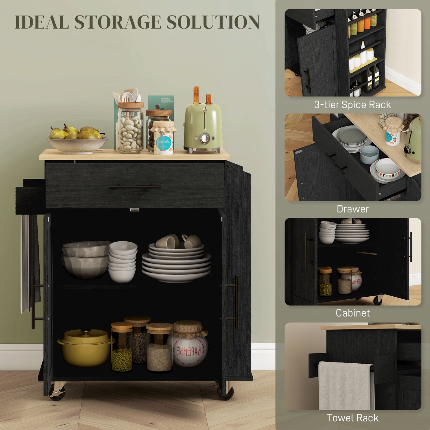 Rolling Island With Wheels For Kitchen, Kitchen Island On Rollers With Power Outlets, Drawer, And Doors, Black