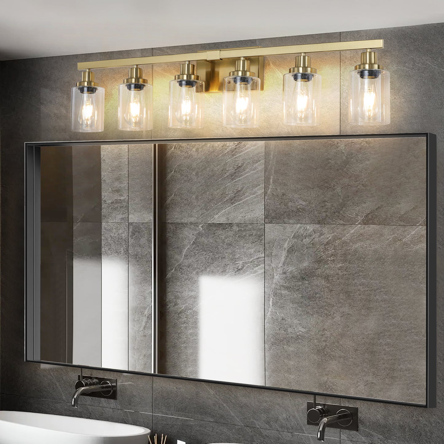 37  Golden 6-Light Vanity Light With Clear Glass Shades, Modern Iron Metal Bathroom Wall Fixture For Mirror, Ideal For Bathroom And Dressing Table -No Bulbs