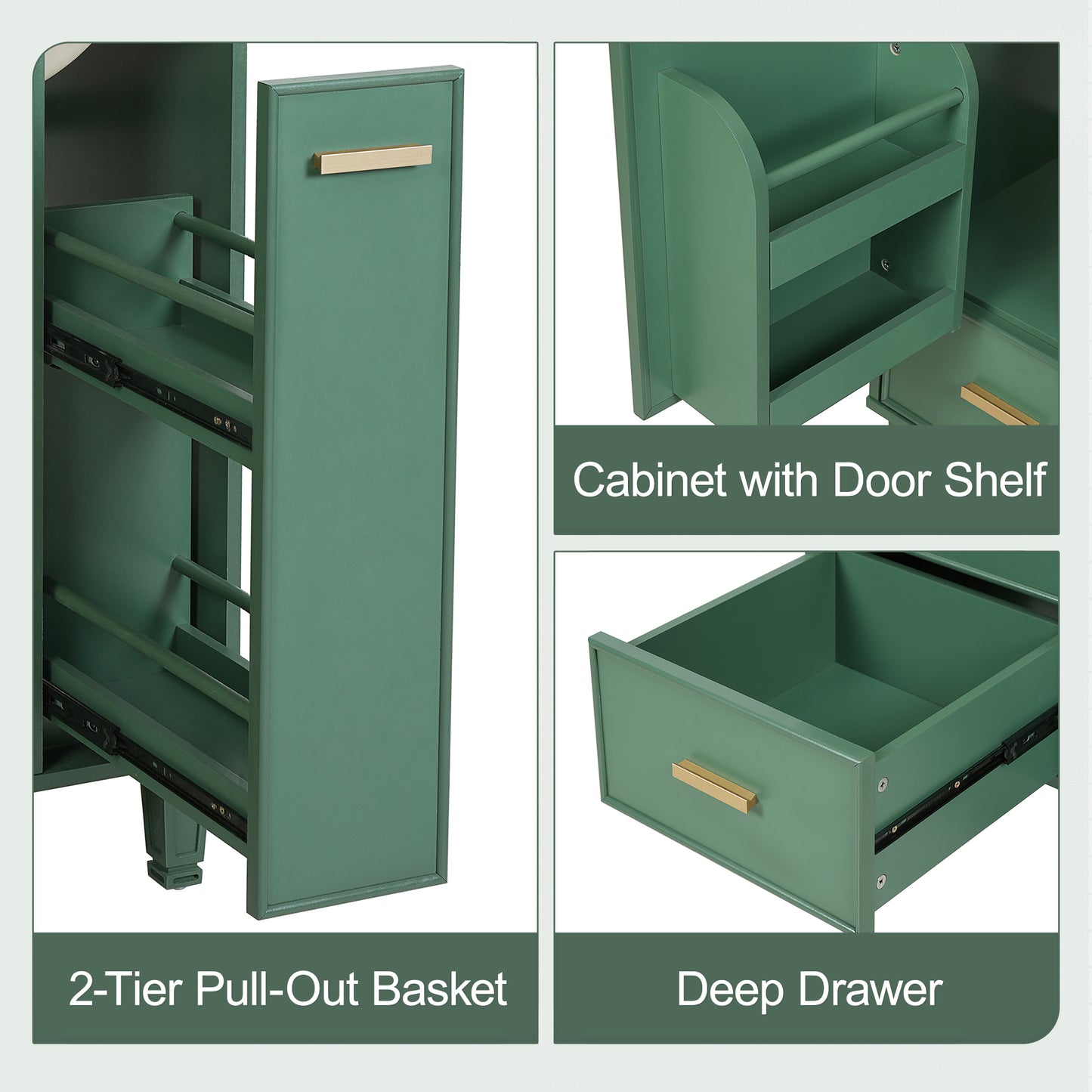 24  Bathroom Vanity With Sink, Bathroom Cabinet With Door Shelf, Deep Drawer, 2-Tier Pull-Out Basket, Solid Wood Frame And MDF Board, One Package, Green