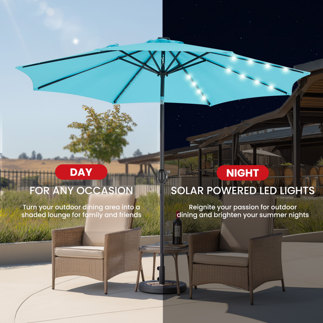 10ft Solar Polyester 32 LED Lighted Patio Umbrella With Tilt Adjustment And UV-Resistant Fabric