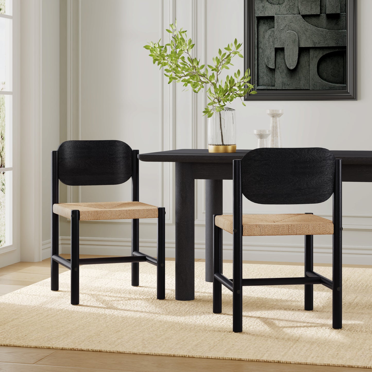 Wooden Dining Chairs With Beige Paper Rope Weave Seat, Indoor Armless Kitchen Chairs, Set Of 2