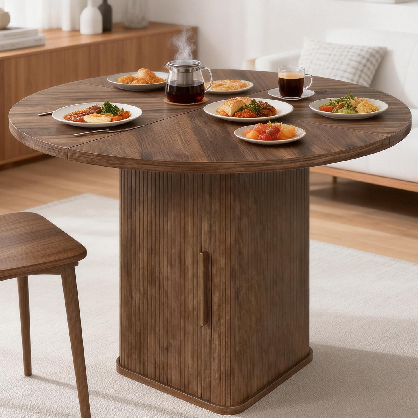 47in Dining Table Exquisite Round Table With 2 Storage Shelf Wood Slide Door And Wooden Base For Dining Room Home Kitchen Canteen