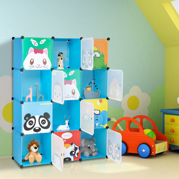 4-layer 12-compartment 2-hanging-bar Modular Wardrobe With Plastic And Steel Wire Materials Featuring Animal Patterns. The Door Has A Floral Design And The Cabinet Body Is Blue.
