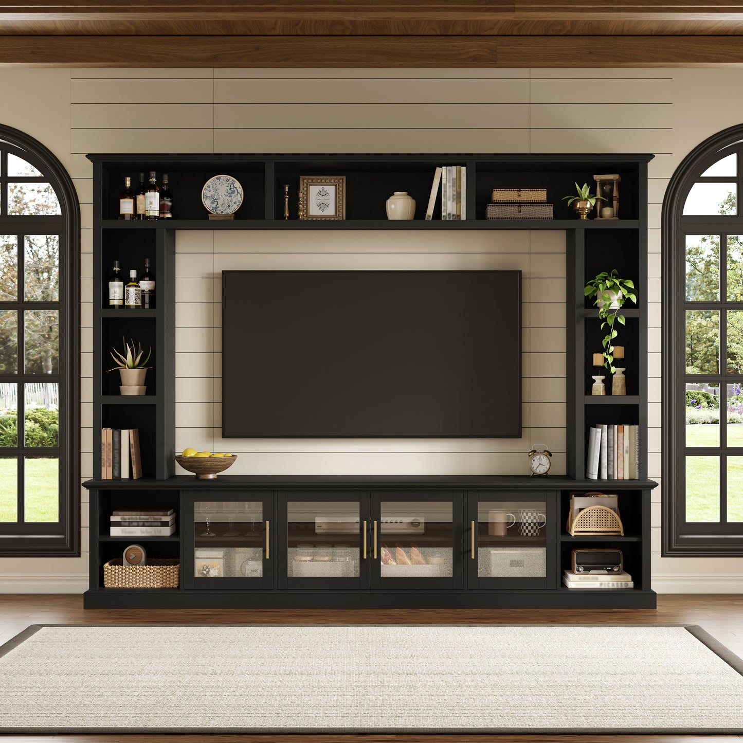 Entertainment Center Wall Unit For TVs Up To 80  , All-in-One Modern TV Stand With Bookshelves & Tempered Glass Doors, TV Console Unit With Shelving For Living Room, Entertainment
