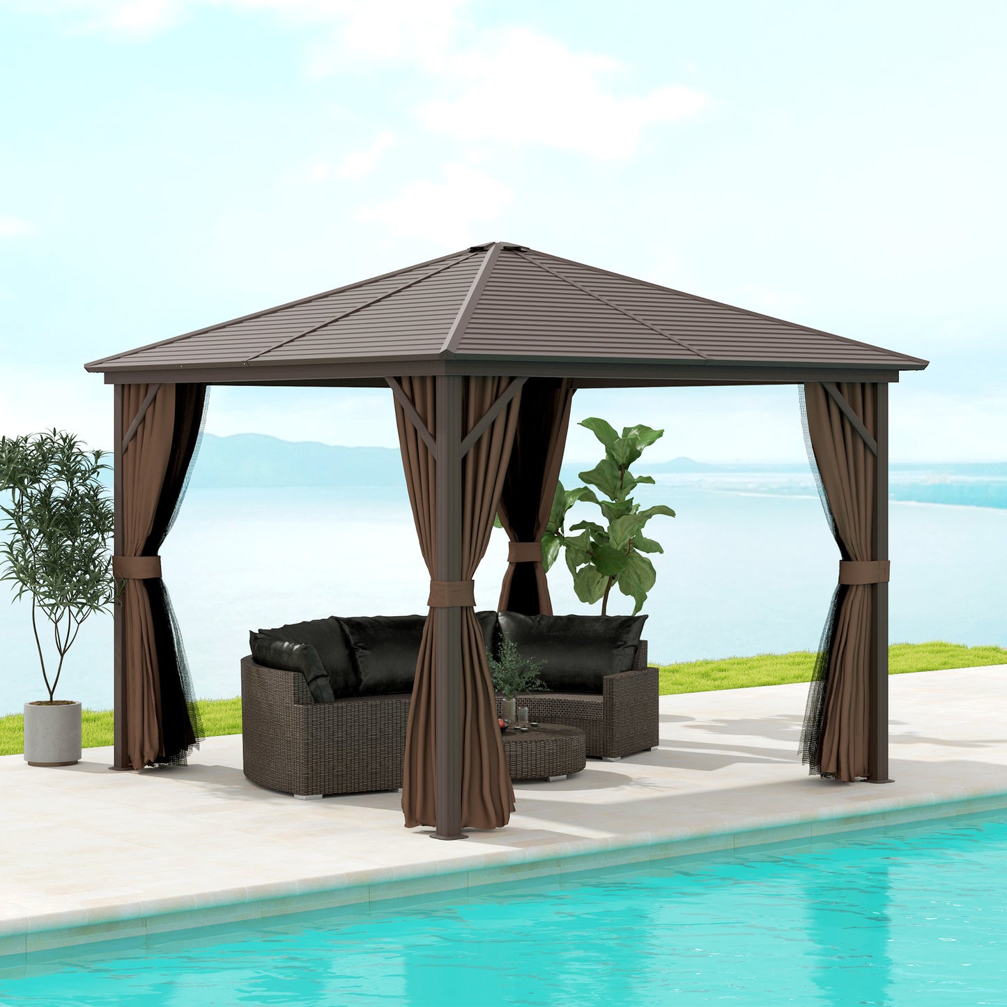 10 X 10 Hardtop Gazebo Canopy, Permanent Pavilion With Hook, Curtains, Aluminum Frame For Patio, Garden, Dark Brown