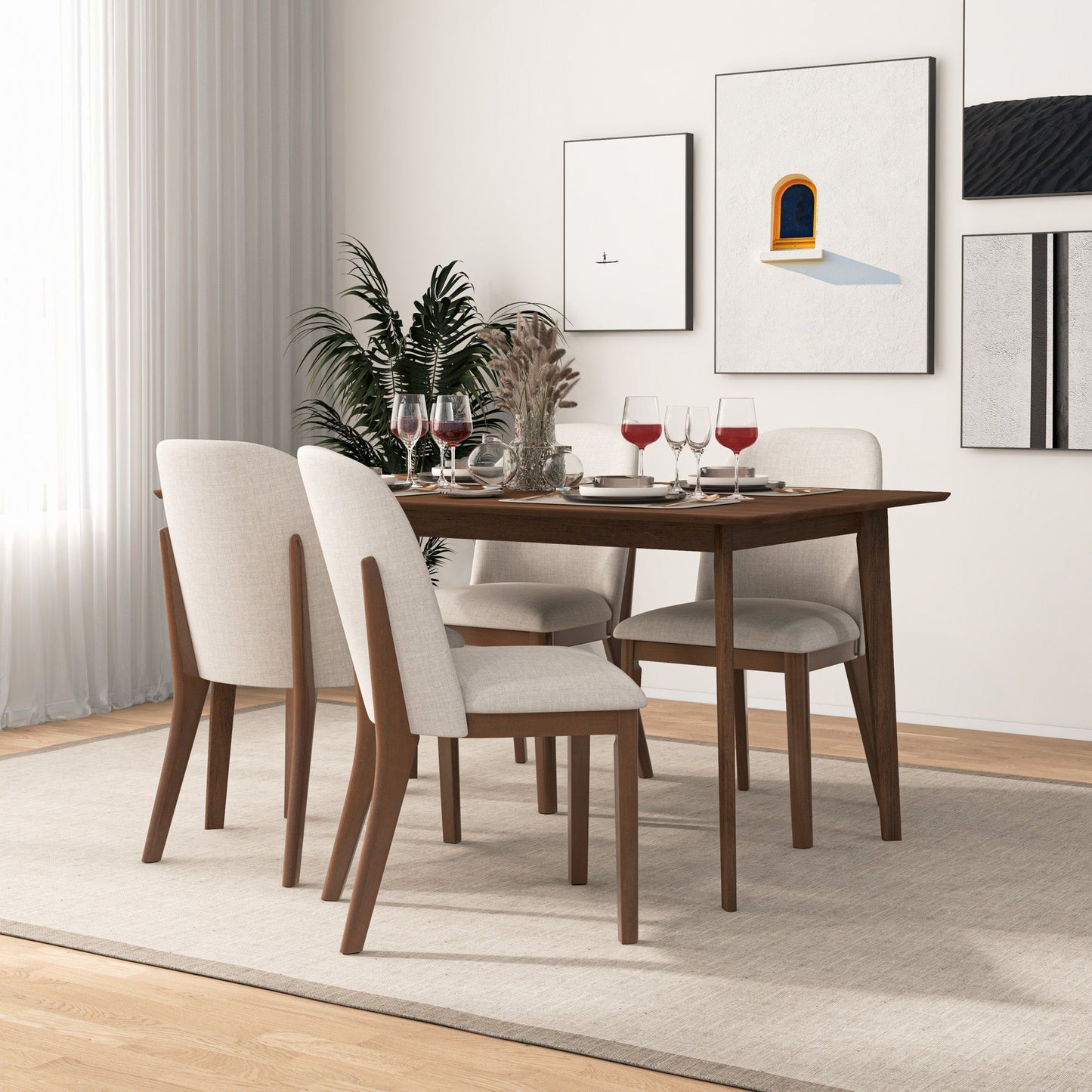 Mid-Century Modern Kaitlyn Beige Linen Dining Chair With Solid Wood Legs, 34.3  H X 19.3  W X 23  D Set Of 2
