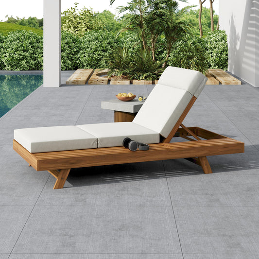 LOUNGE CHAISE SET WITH HEADREST,SPACE AVAILABLE ON ONE SIDE, ACACIA WOOD WITH WATER-RESISTANT LOUNGE CUSHIONS  CREAM & 3-FOLD & 4 Inch  - MATCHING DARK GREY BEIGE VERSION AVAILABLE