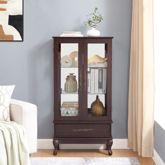 Curio Cabinet Lighted Glass Cabinet Glass Wine Cabinet Curio Display Cabinet With Adjustable Glass Shelves 2 Doors And 1 Drawer Cabinet Sideboard With Bulb Included Dark Cherry