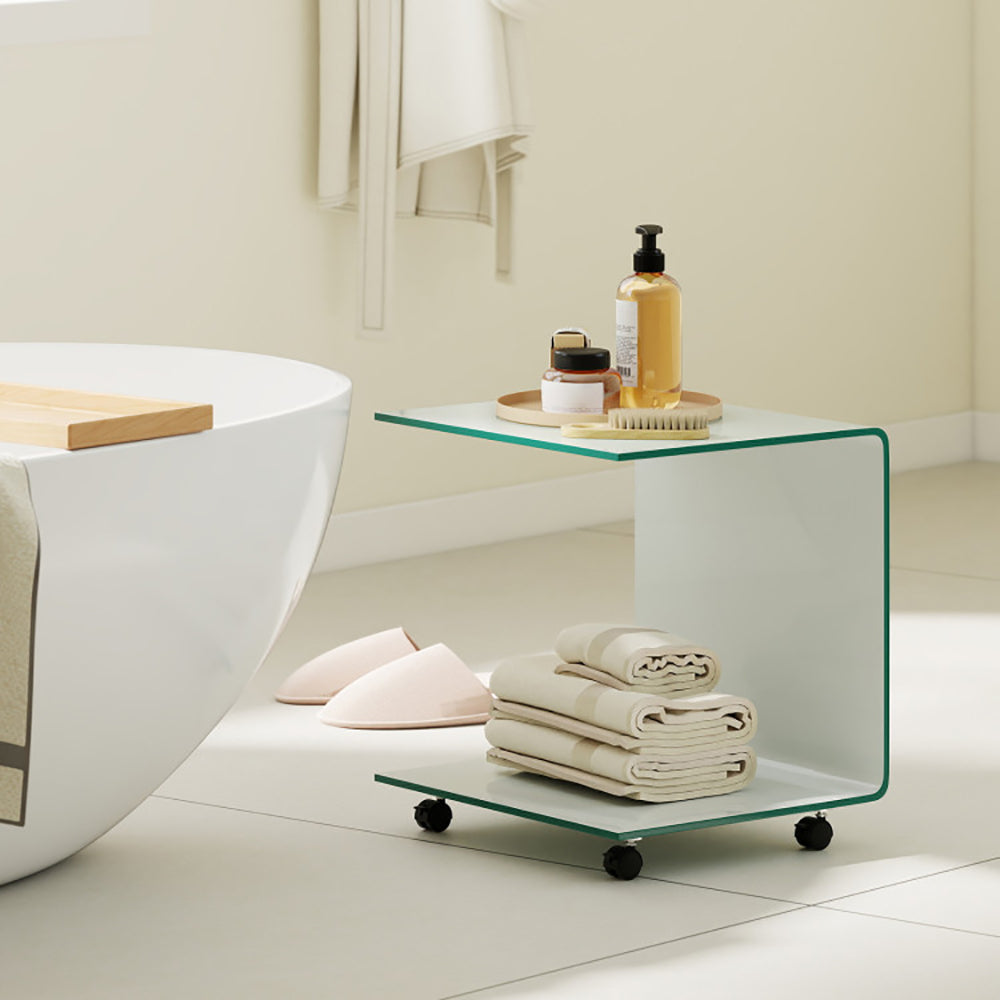 C Shaped End Table Modern Tempered Glass Side Table With Shelf With 4 Swivel Lockable Wheels  Coffee Table, Snack Table, Sofa Table, Laptop Table
