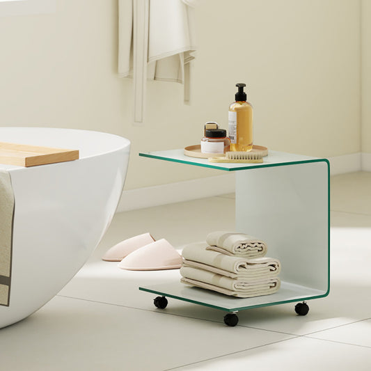 C Shaped End Table Modern Tempered Glass Side Table With Shelf With 4 Swivel Lockable Wheels  Coffee Table, Snack Table, Sofa Table, Laptop Table