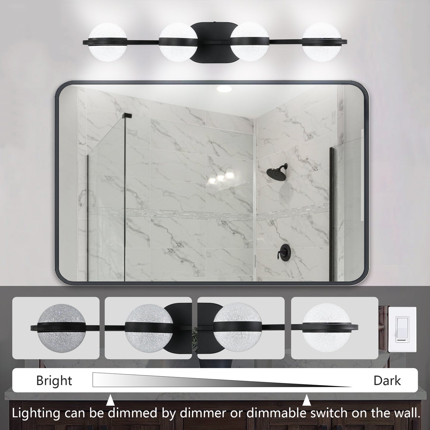 30in Black Minimalist LED Bathroom Vanity Light With Crystal Sand Acrylic Shades, 4-Light Wall Mounted Decorative Lighting Fixture, Suitable For Bathroom Vanity Mirror