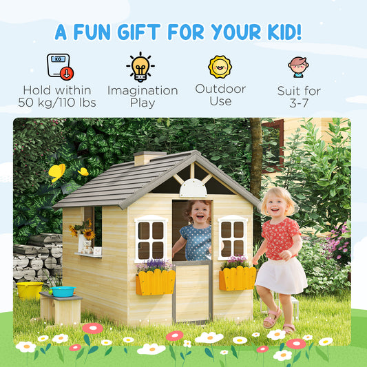 Wooden Playhouse For Kids Outdoor Garden Pretend Play Games, Adventures Cottage, With Working Door, Windows, Bench, Service Station, Flowers Pot Holder, For 3-7 Years Old