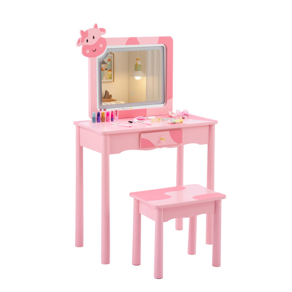 Pink MDF - Solid Wood Legs, Spray Paint - Silkscreen Printing, Cow Pattern, 1-drawer Children's Dressing Table Set, LED Three-color Backlit Touch Switch