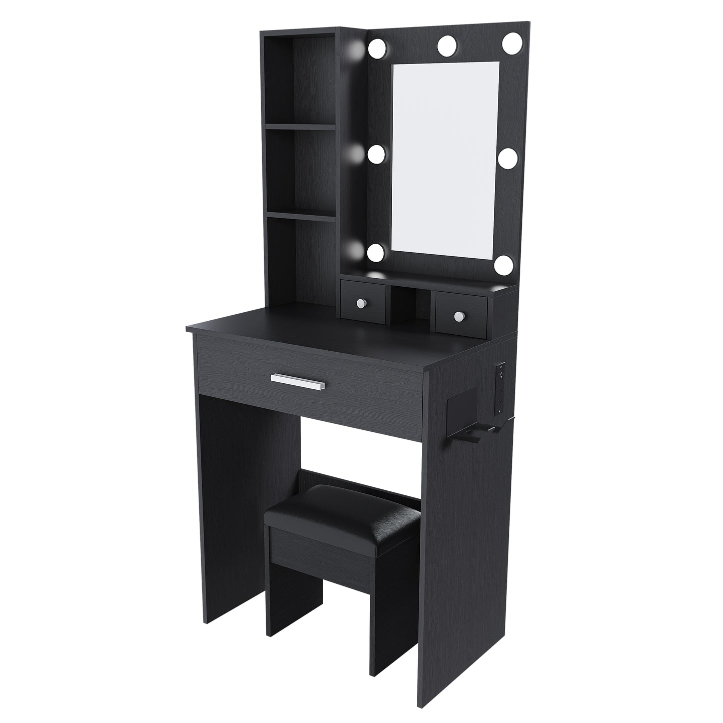 Vanity Table With Mirror & Adjustable LED Lights, Power Outlet, Hairdryer Holder & Stool -Compact Dressing Desk For Small Bedrooms Black