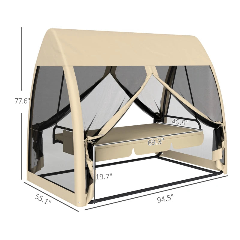3 Seat Outdoor Swing Chair Convertible Covered Day Bed With Canopy, Mesh Netting, Steel Stand For Garden, Patio, CoffeeFor Multiple Packages, Please Pay Attention To The Detailed Dimensions And Weight