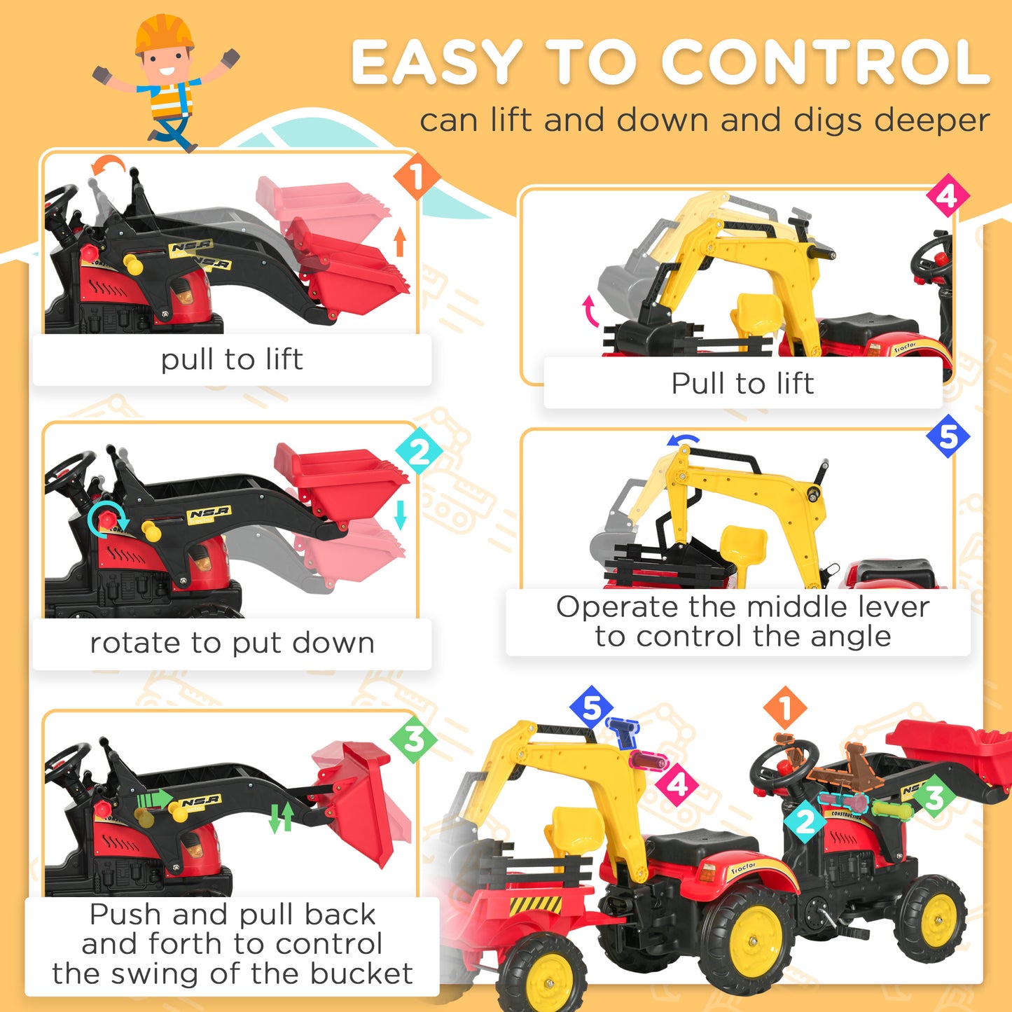 3 In1 Kids Ride On Excavator/Bulldozer, Pedal Car Digger Toy Move Forward/Back With 6 Wheels And Detachable Cargo Trailer