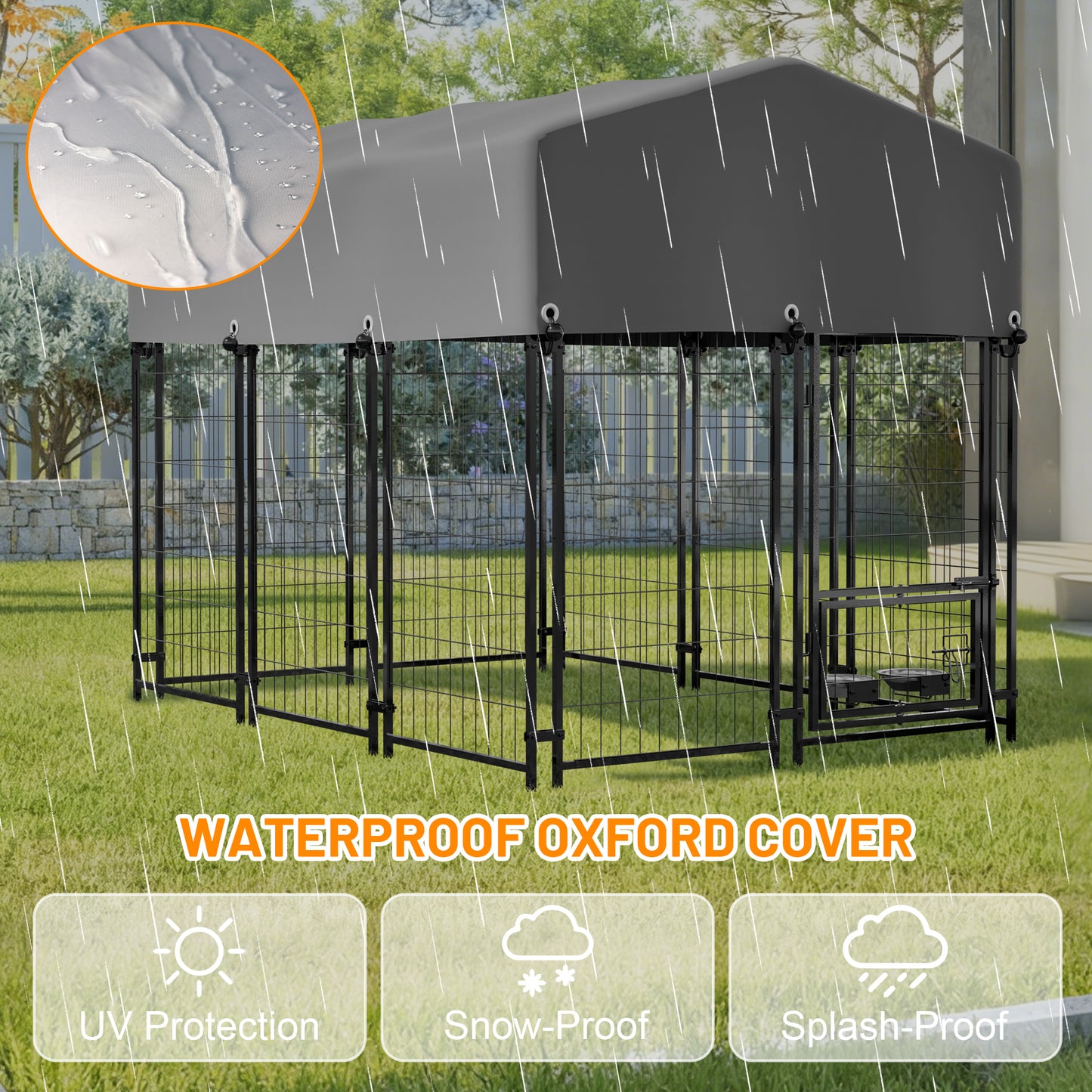 Dog Kennel Outdoor With Roof, 4.23'x5.82'x4.83' Welded Wire Enclosure, Heavy Duty Dog Crate With UV-Resistant Waterproof Cover, Double Lock & Rotating Feeder