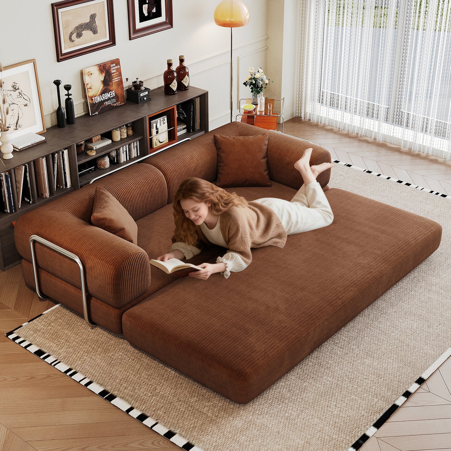 78.8 Compression Sofa,Convertible Floor Sofa Bed-with Pillow Back Support Armrest,Comfy Futon Couch Sleeper Bed,Loveseats Boneless Modular Sectional Sofa,Corduroy Fabric,for Living Room,Bedroom,Brown