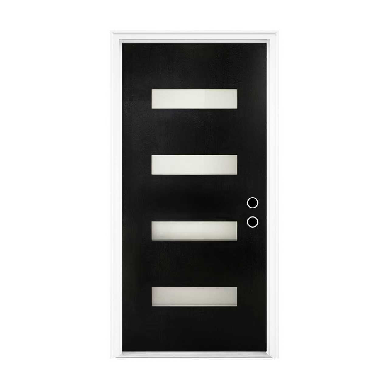 36 X 80 Fiberglass Entry Door With Brickmould, Frosted Glass, Black Finishe Knock-Down Fiberglass Door - Contemporary Style For Home's Front Entrance, Left Hand Inswing With 4-9-16 White Vinyl Frame
