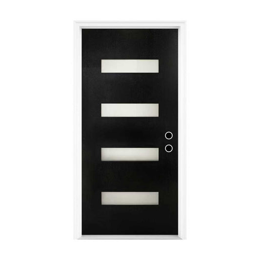 36 X 80 Fiberglass Entry Door With Brickmould, Frosted Glass, Black Finishe Knock-Down Fiberglass Door - Contemporary Style For Home's Front Entrance, Left Hand Inswing With 4-9-16 White Vinyl Frame