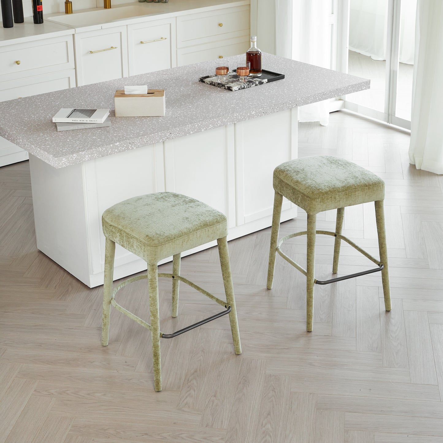 Backless Light Green Upholstered Fabric Bar Stool - Padded Seat With Sturdy Legs & Footrest  Space-Saving Seating For Kitchen Island  Dining Counter & Home Pub 2 Sets