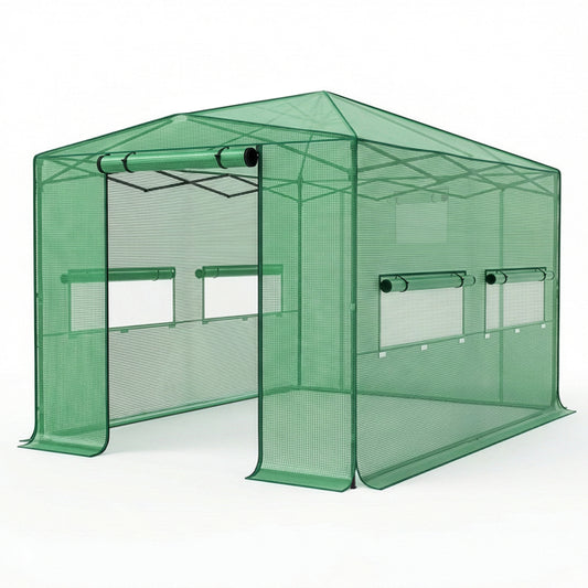 8 X 12ft Plastic Sprayed Iron Pipe PE Mesh Foldable Greenhouse Shed Green