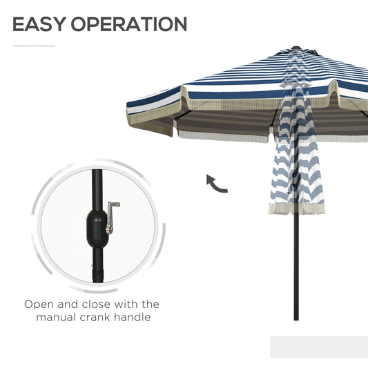 9ft Patio Umbrella Outdoor Table Umbrella W/ Tilt, Crank, Ruffled, 8 Ribs For Garden, Deck, Pool, Blue Stripe