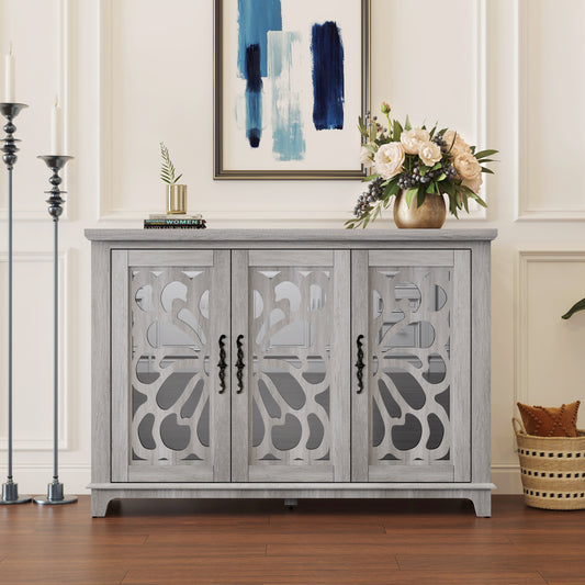 49.33  X 15.55in Spacious Size Countertop Sideboard With 3 Mirrored Doors Adjustable Shelves Buffet Cabinet, Storage Cabinet For Living Room, Bedroom, Dinning Room, Kitchen, Hallway Closet