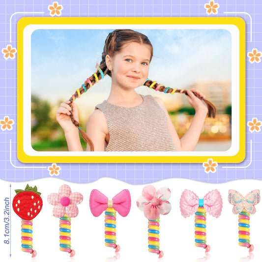 6Pcs Colorful Telephone Wire Hair Bands For Kids, Spiral Ties Braided Telephone Cord Hair Bands Hair Accessories For Girls Women, Bowknot Braided Phone Wire Hair Ties