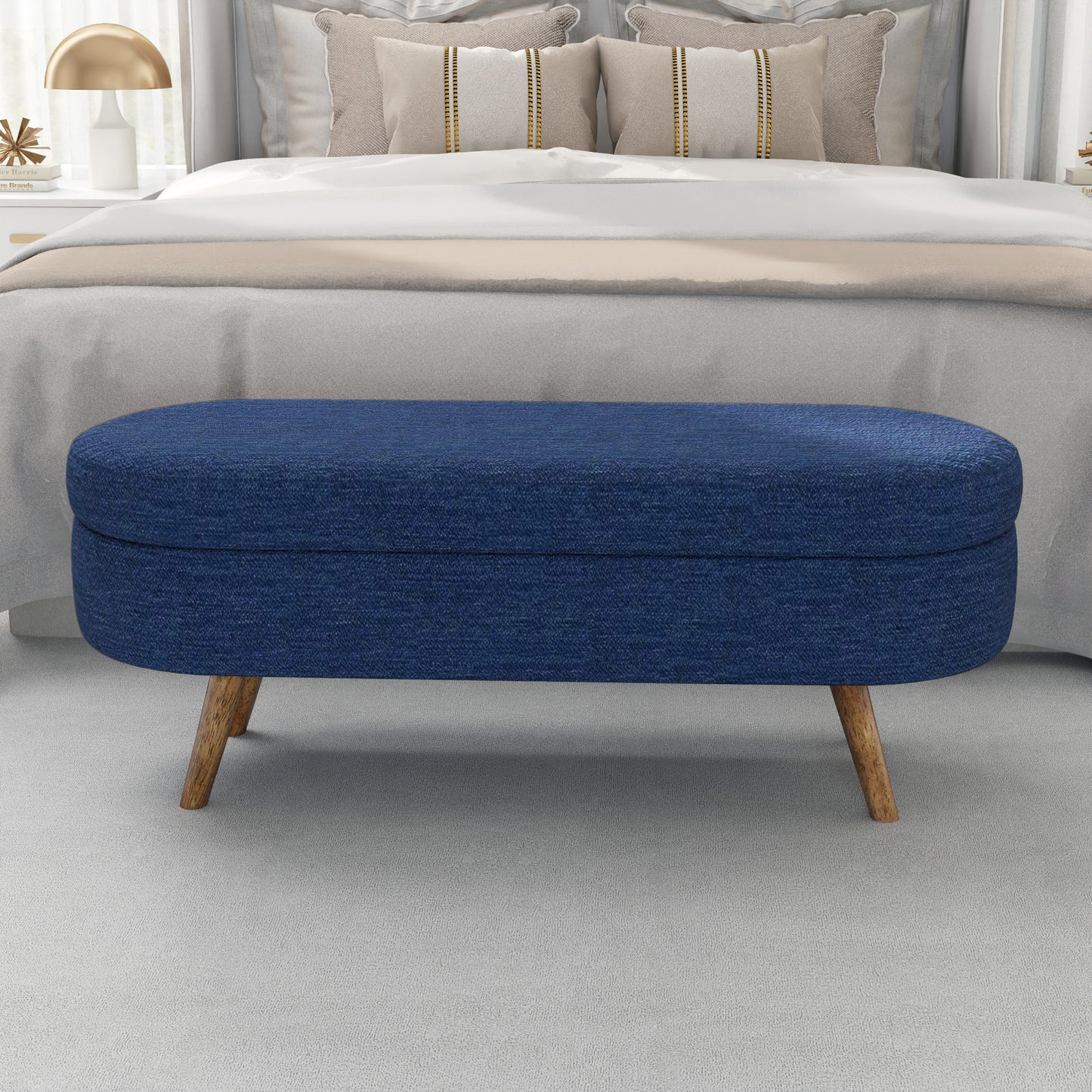Ottoman Oval Storage Bench,Rubber Wood Legs,BLUE 43.5x16x16
