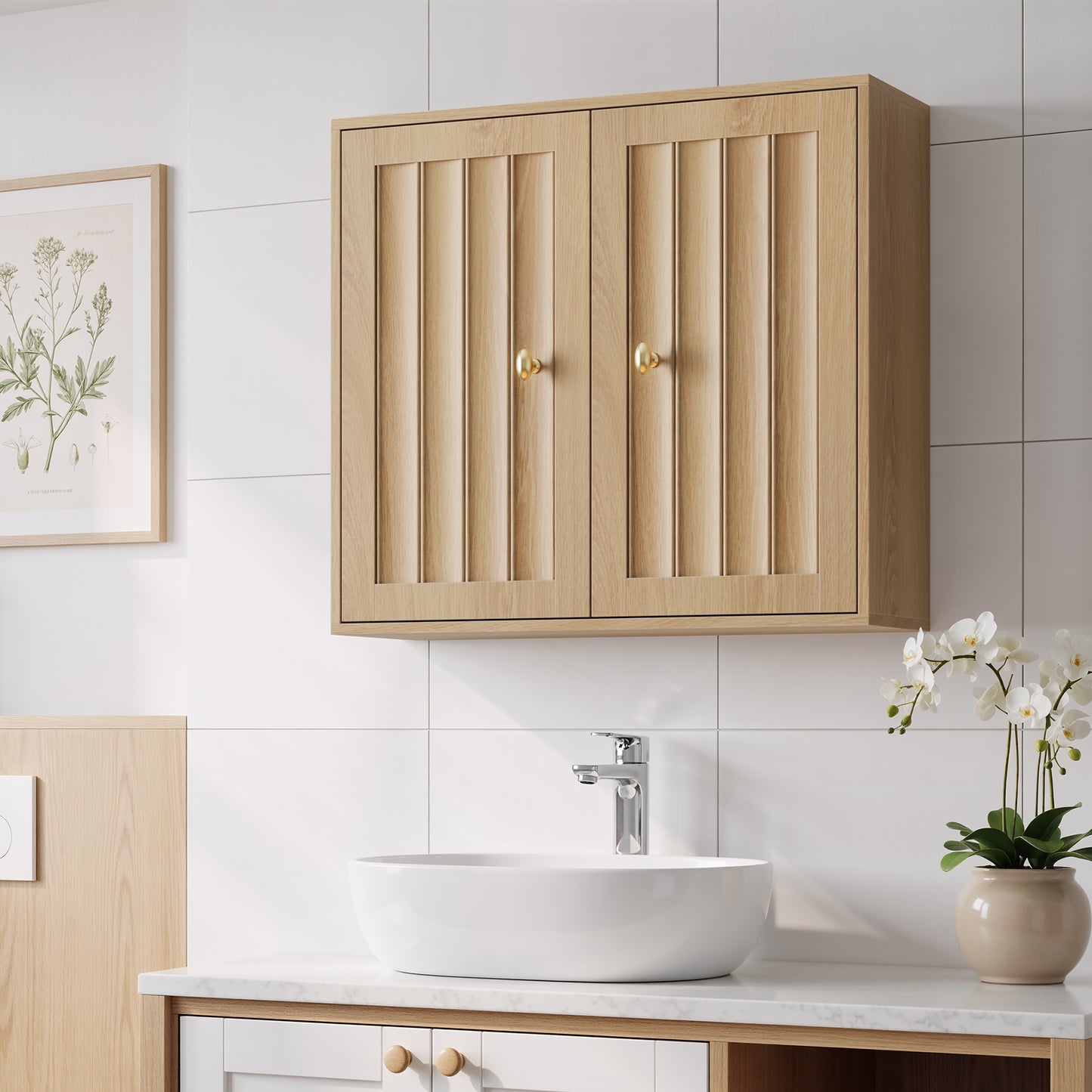 Wall-Mounted Bathroom Cabinet, Double-Door Medicine Cabinet With Vertical Grooved Design,Wall-Mounted Storage Cabinet For Bathrooms, Restrooms, And Hallways Oak