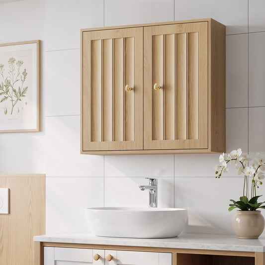 Wall-Mounted Bathroom Cabinet, Double-Door Medicine Cabinet With Vertical Grooved Design,Wall-Mounted Storage Cabinet For Bathrooms, Restrooms, And Hallways Oak