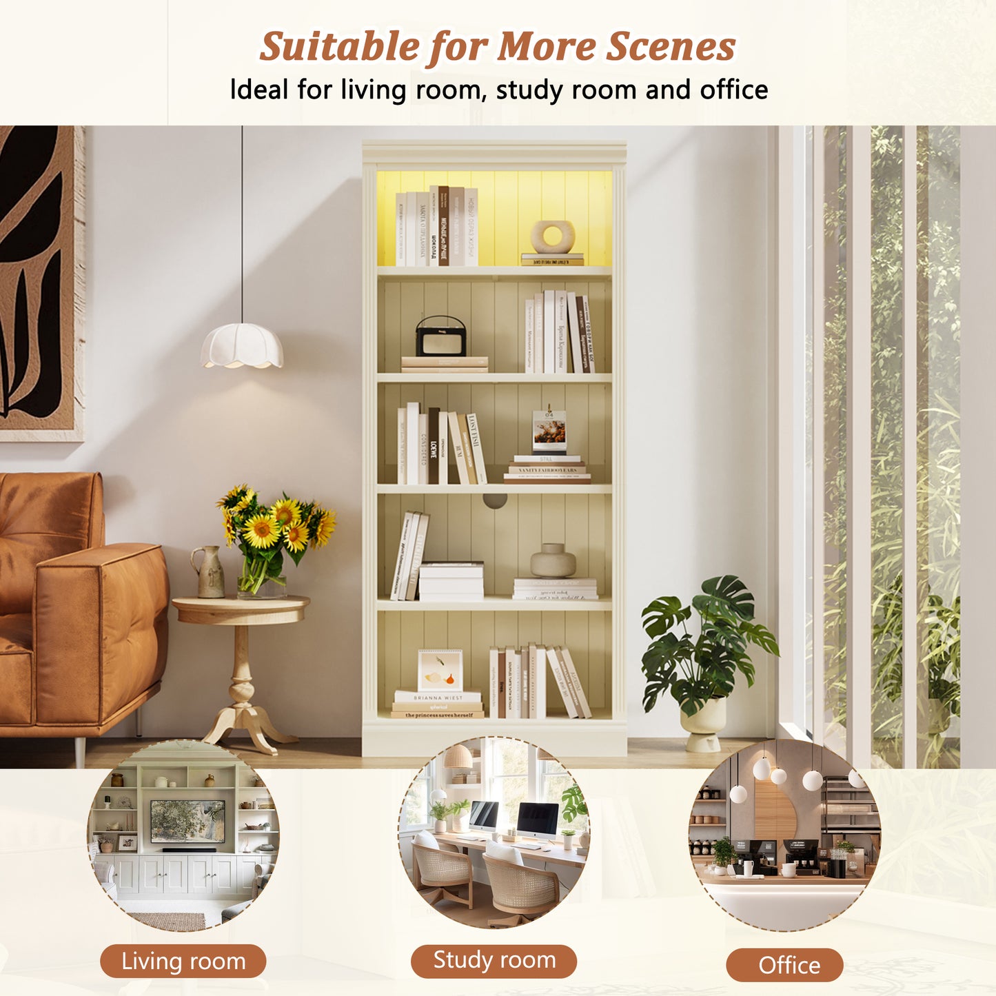 83.4 Tall Wood Bookcase With Light Strip,5-Tier Decor Bookshelves With Adjustable Shelves,Storage Organizer For CDs Books,Free Standing Storage Shelves For Living Room,Home Office,Beige And Yellow
